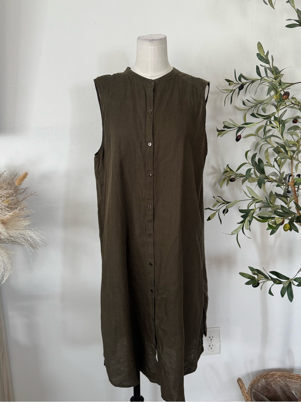 Eileen Fisher 100% Organic Linen Olive Green Button Front Midi Dress